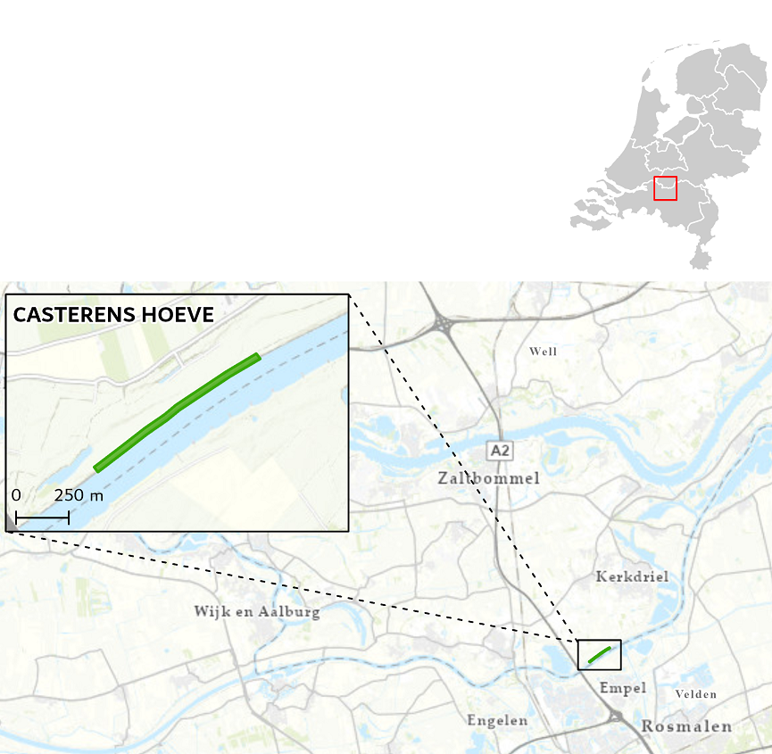 Kaart met het maatregelgebied Casterens Hoeve Oever ten westen van Hoenzadriel ingetekend.